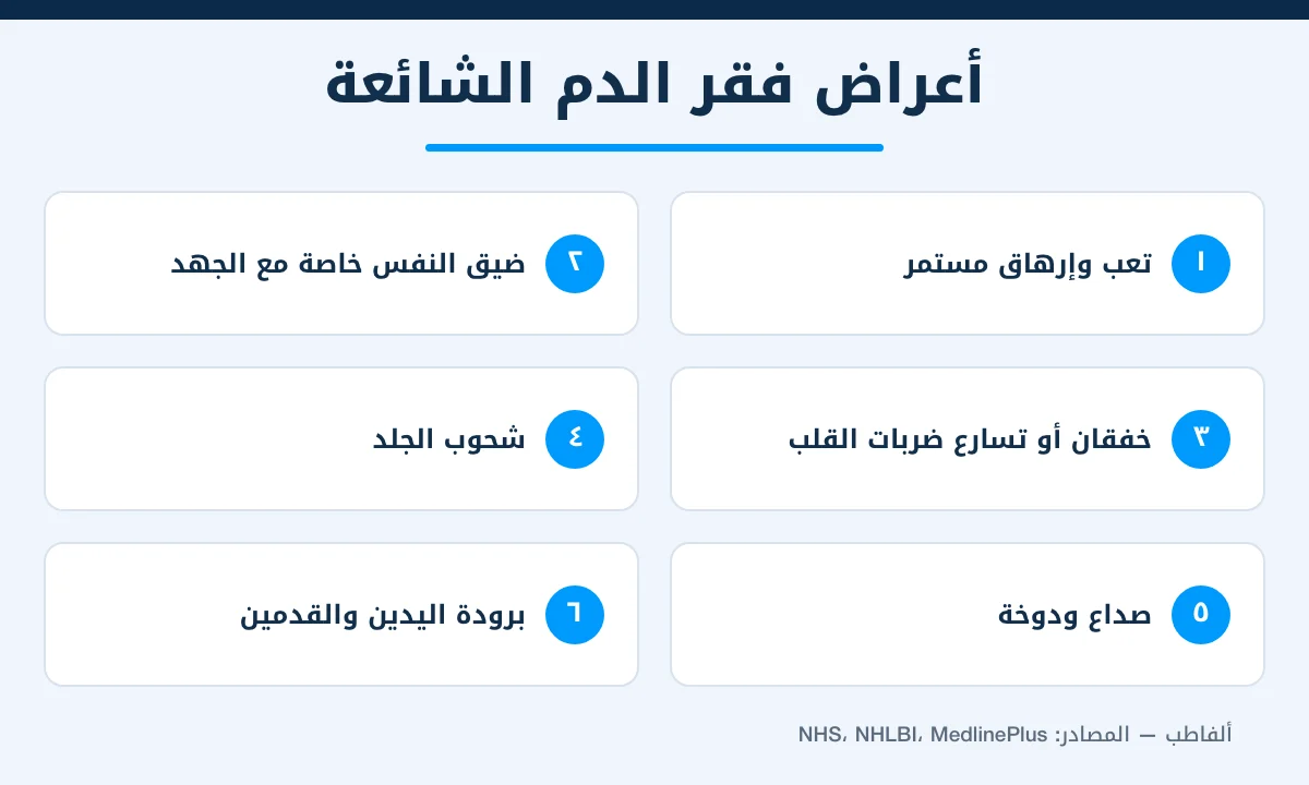 إنفوغرافيك أعراض فقر الدم الشائعة: التعب وضيق النفس والخفقان والشحوب والصداع وبرودة الأطراف