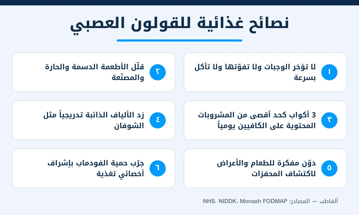 إنفوجرافيك يوضح 6 نصائح غذائية لمرضى القولون العصبي