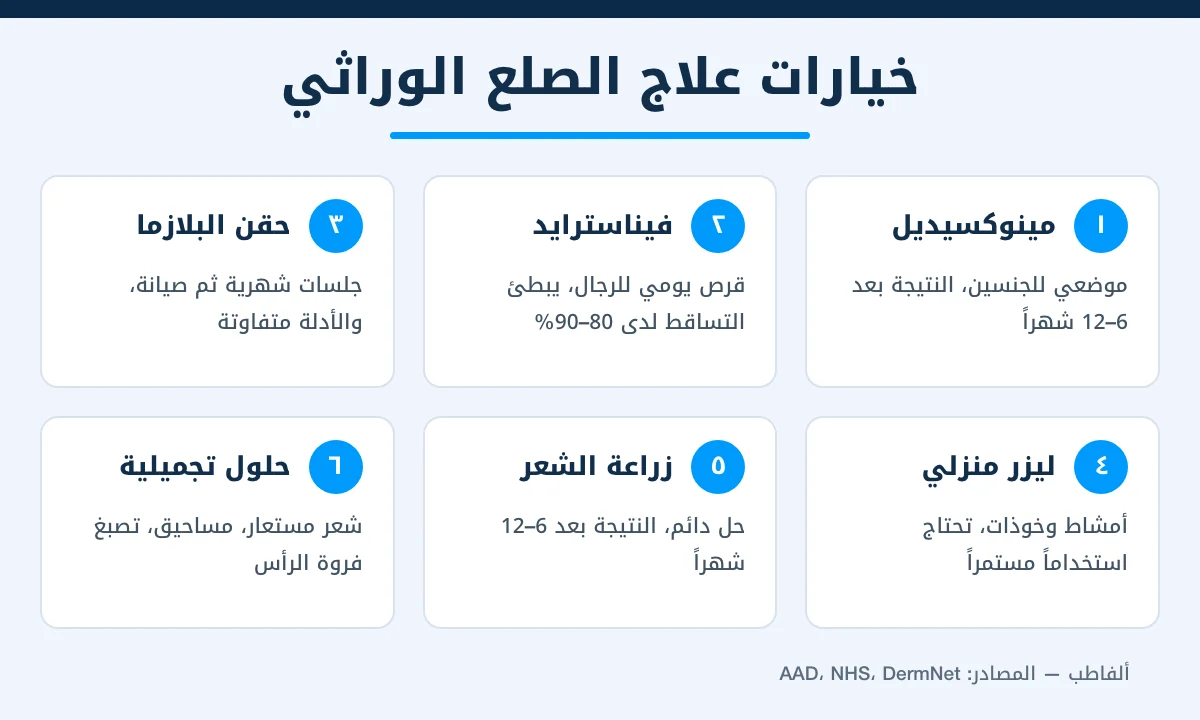 إنفوجرافيك يلخص ستة خيارات لعلاج الصلع الوراثي: المينوكسيديل والفيناسترايد وحقن البلازما والليزر وزراعة الشعر والحلول التجميلية