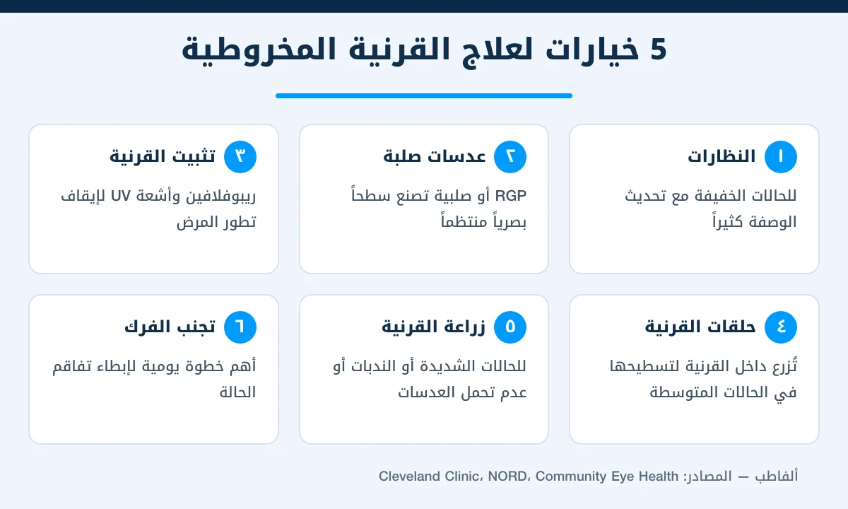 إنفوجرافيك يوضح خيارات علاج القرنية المخروطية من النظارات إلى زراعة القرنية