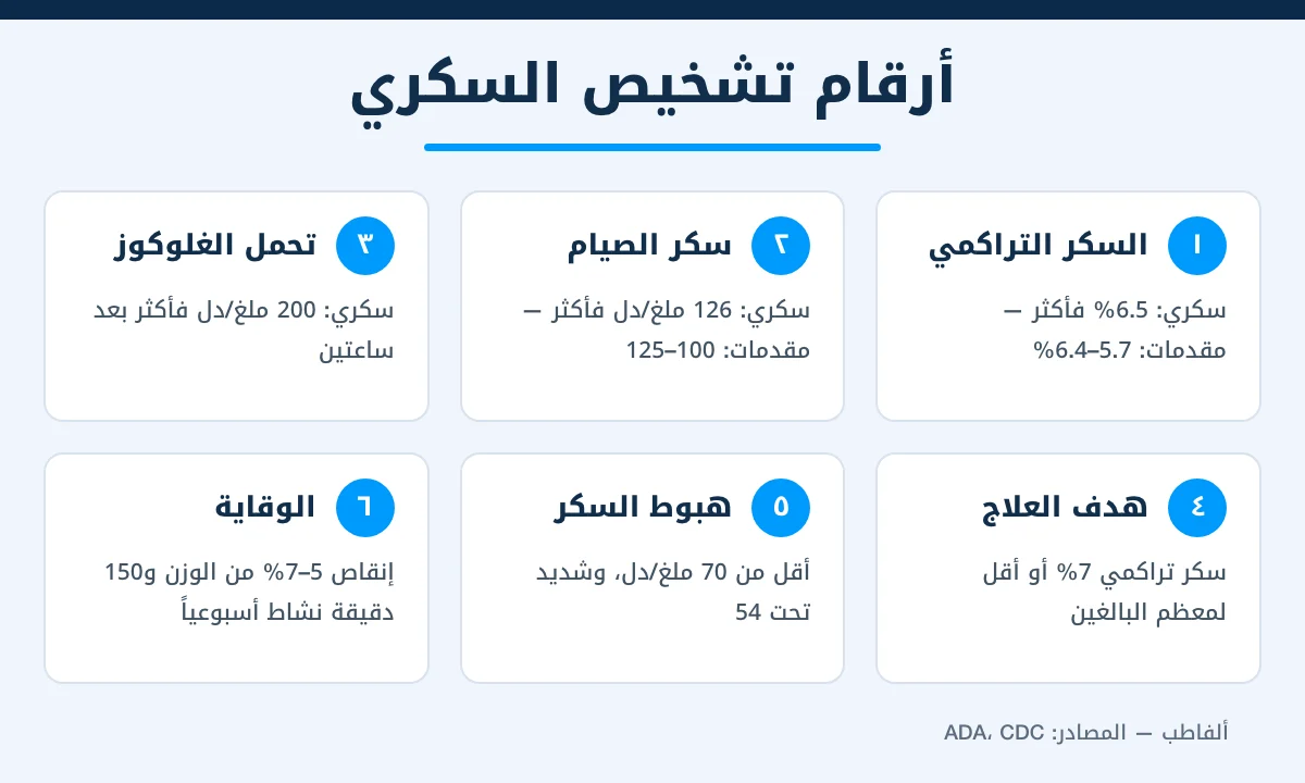 إنفوغرافيك يوضح أرقام تشخيص السكري من النوع الثاني وهدف السكر التراكمي وحد هبوط السكر