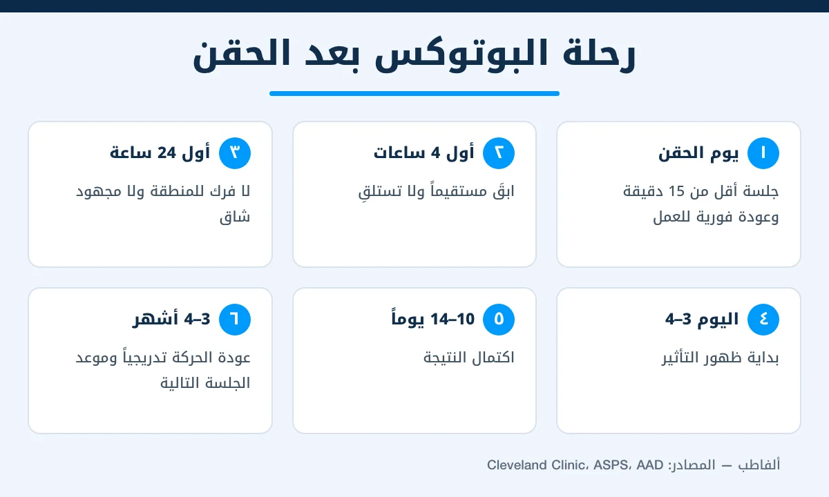 إنفوغرافيك مراحل ما بعد حقن البوتوكس من يوم الجلسة حتى 4 أشهر