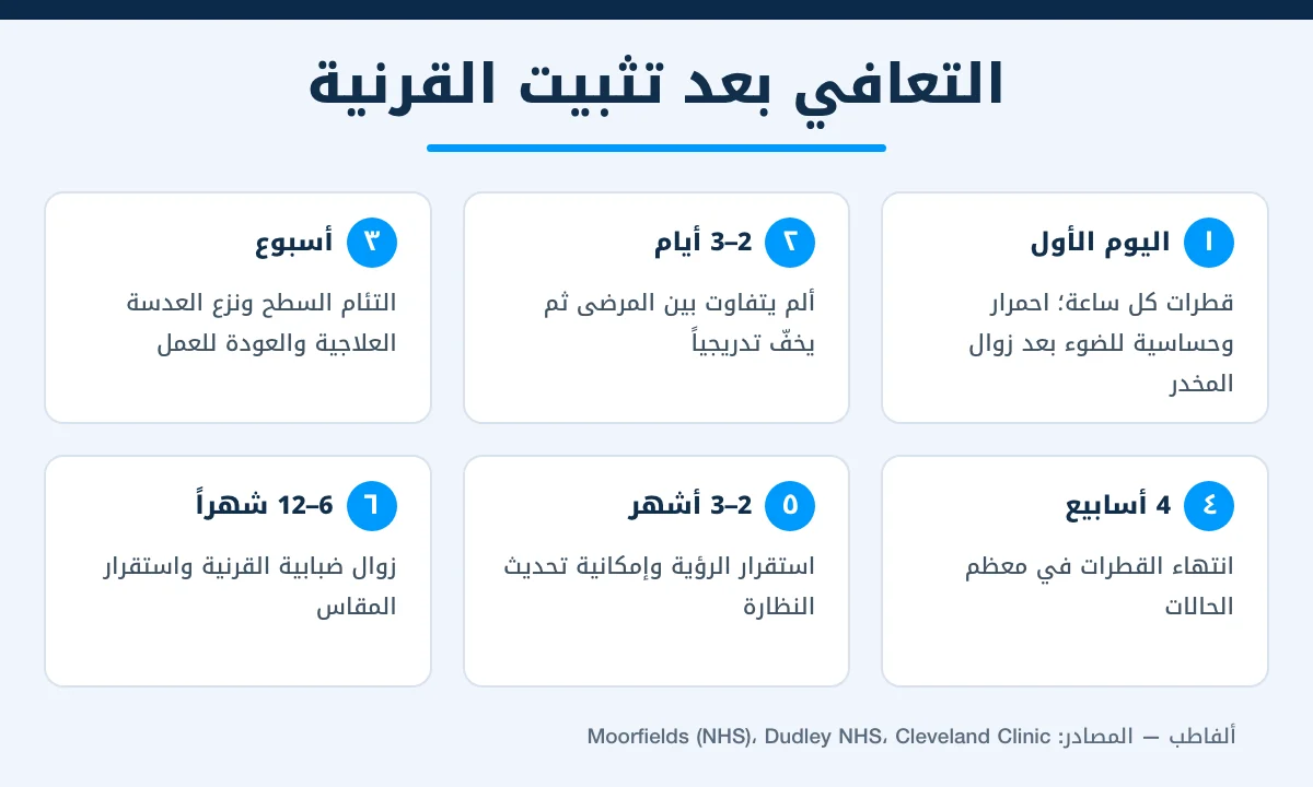 إنفوجرافيك يوضح مراحل التعافي بعد تثبيت القرنية من اليوم الأول حتى سنة