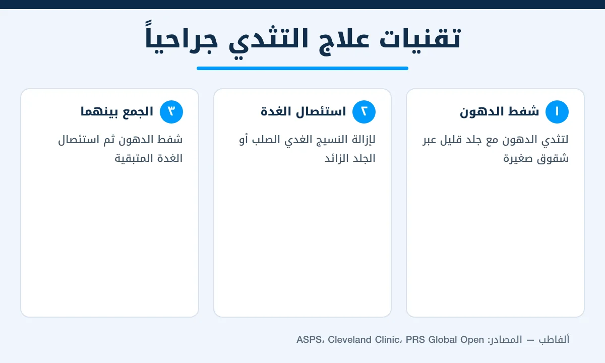 إنفوغرافيك يوضح تقنيات علاج التثدي جراحياً: شفط الدهون واستئصال الغدة والجمع بينهما