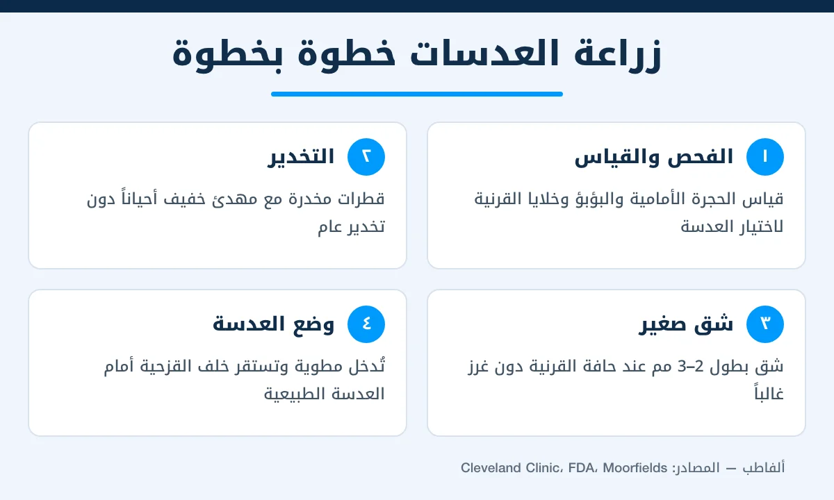 مراحل عملية زراعة العدسات داخل العين: الفحص والتخدير والشق ووضع العدسة