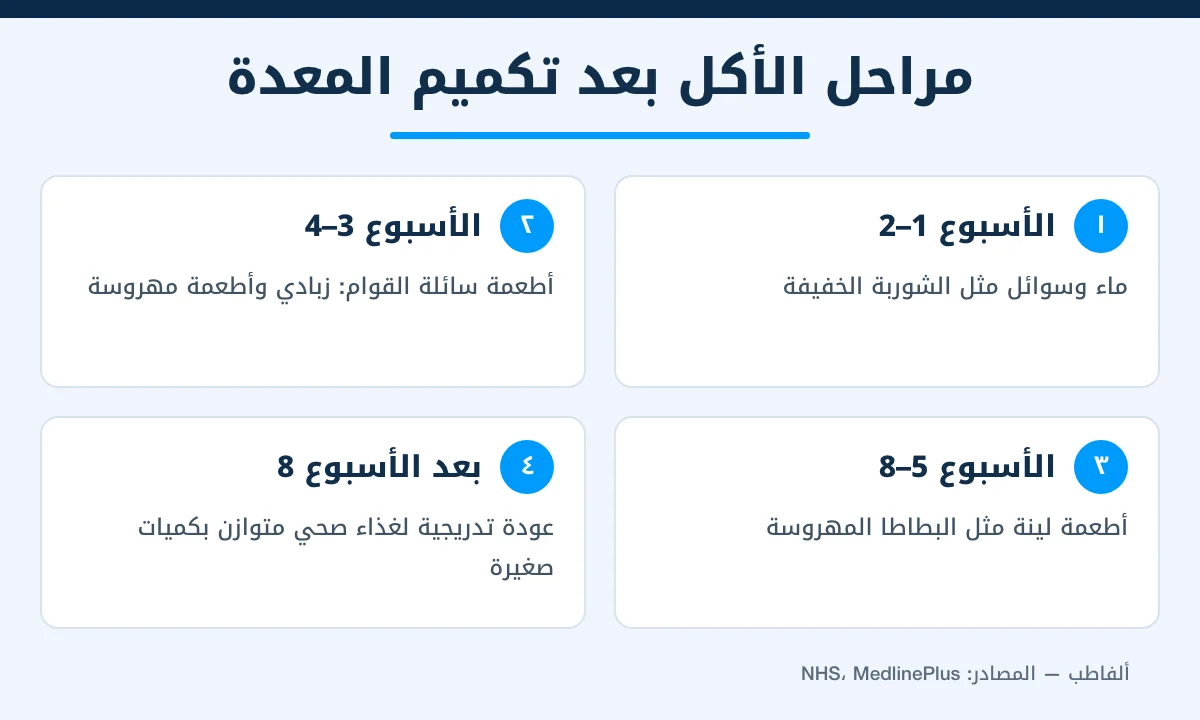 مراحل الأكل بعد عملية تكميم المعدة من السوائل حتى الطعام العادي