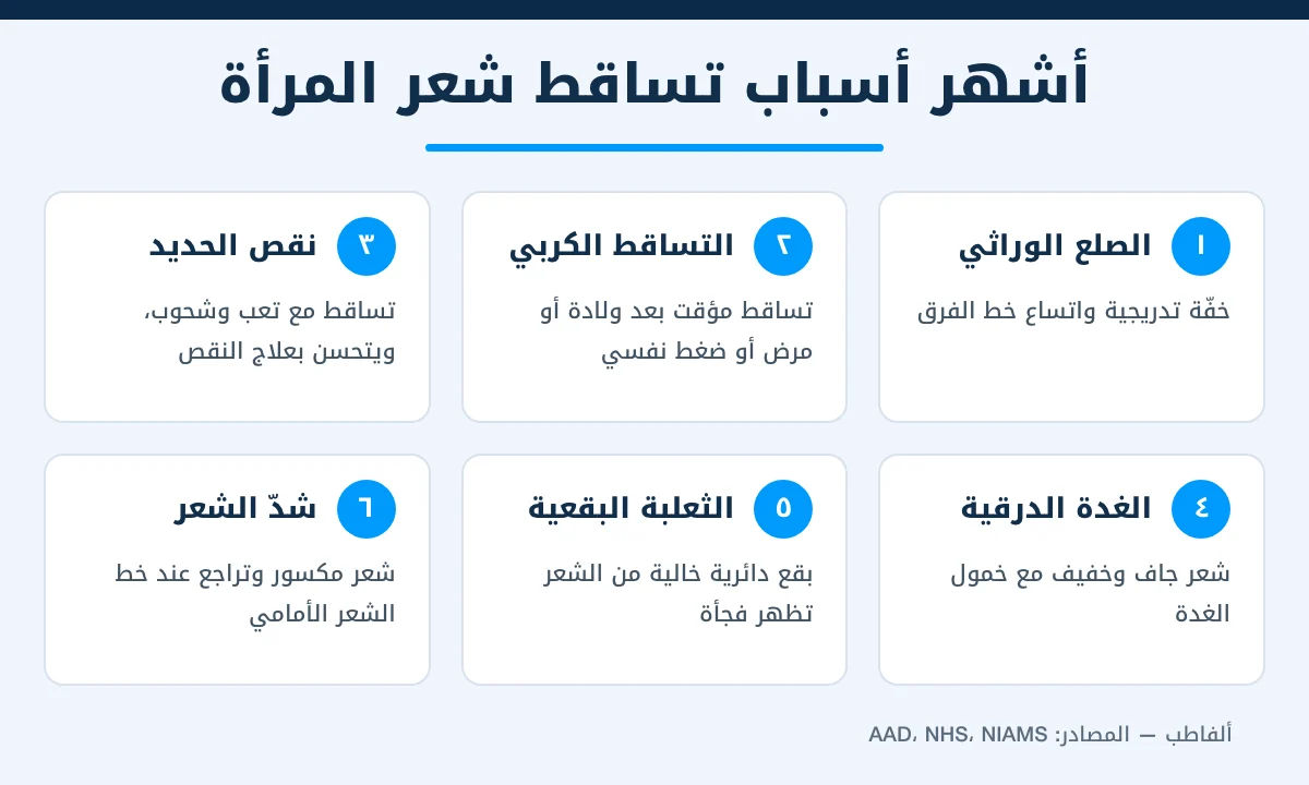 إنفوجرافيك أسباب تساقط الشعر عند النساء: الصلع الوراثي والتساقط الكربي ونقص الحديد والغدة الدرقية والثعلبة والتسريحات المشدودة