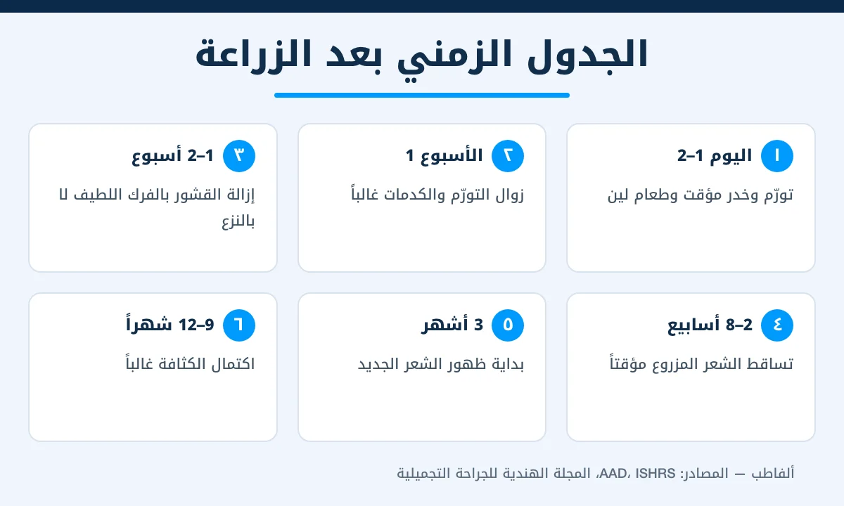 إنفوجرافيك يوضح الجدول الزمني للتعافي ونمو الشعر بعد زراعة اللحية